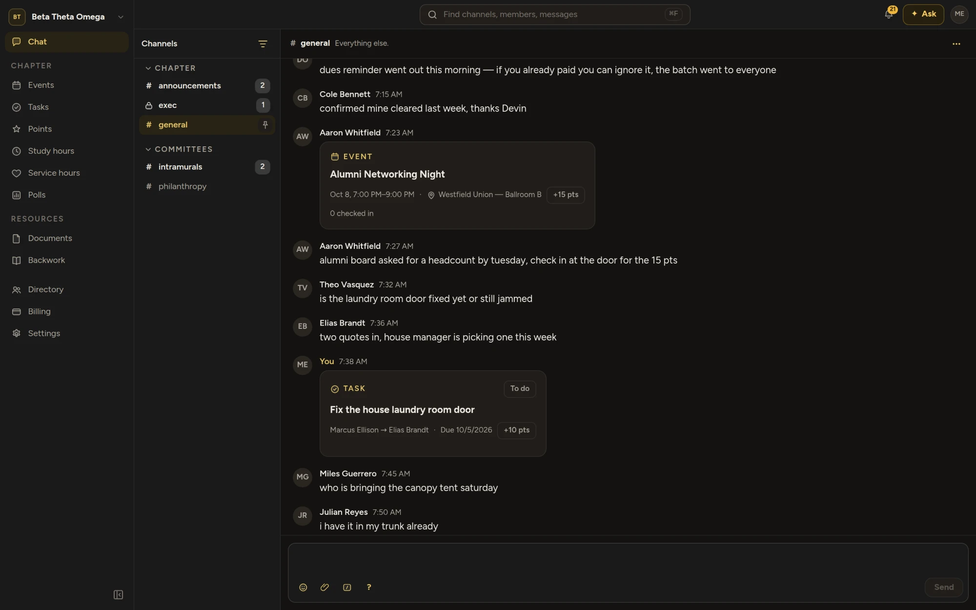 A channel on the web. The event and the task are cards in the conversation, not links out to another page. The chapter and everything in it is seed data.