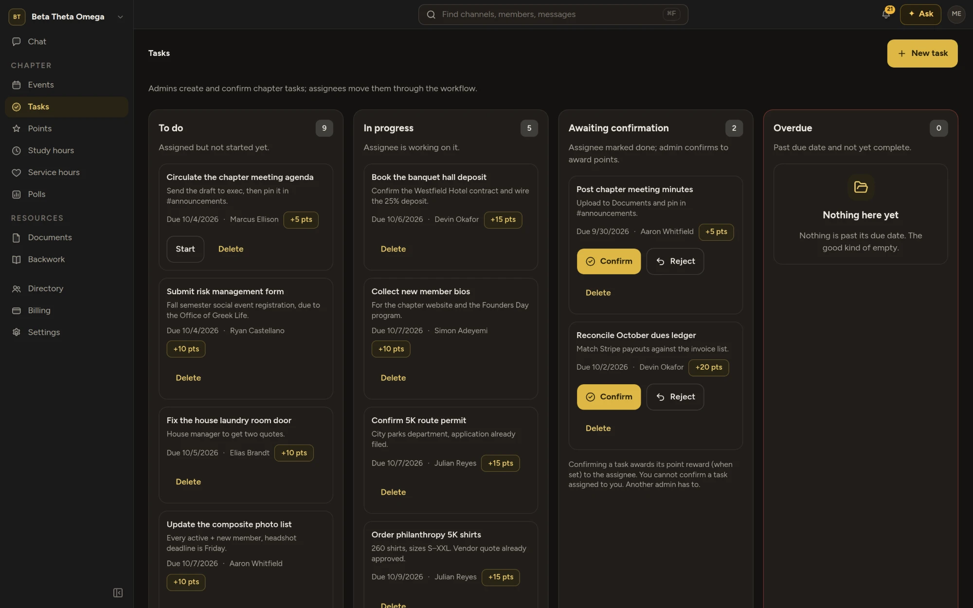 The tasks board on the web. Whoever a task is assigned to can't confirm their own, another officer has to.