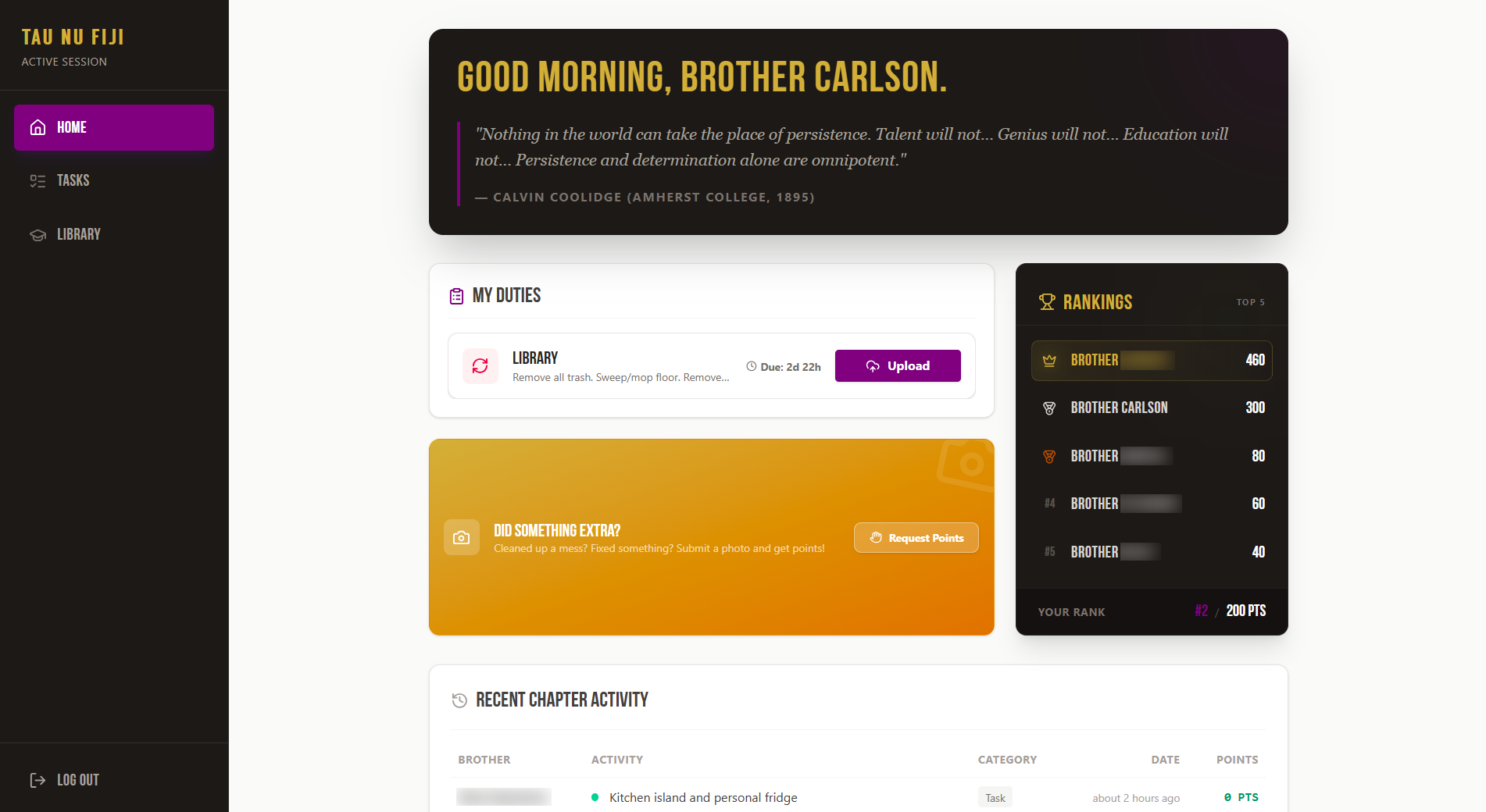 The Tau Nu Fiji ops platform dashboard, showing an assigned housing duty with photo-proof upload, the chapter points leaderboard, and recent activity. Brother surnames are blurred.